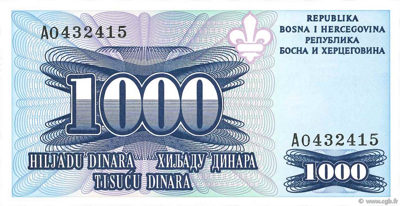 1000 Dinara BOSNIEN-HERZEGOWINA  1995 P.047C ST