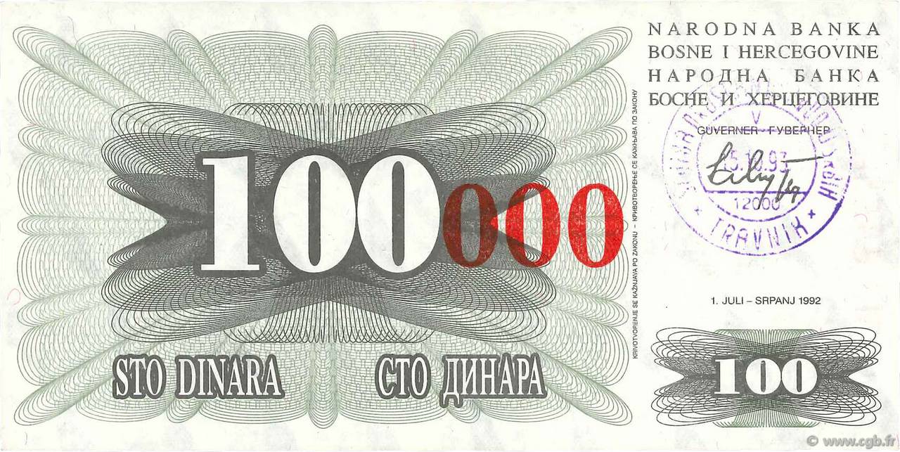 100000 Dinara BOSNIA HERZEGOVINA  1993 P.056b XF