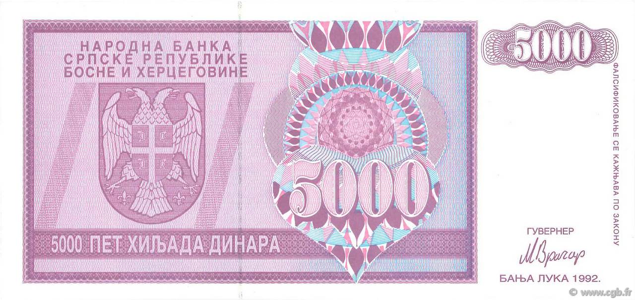 5000 Dinara BOSNIA-HERZEGOVINA  1992 P.138a SC