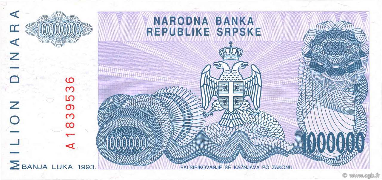 1000000 dinara bosnia herzegovina 1993 p.155a