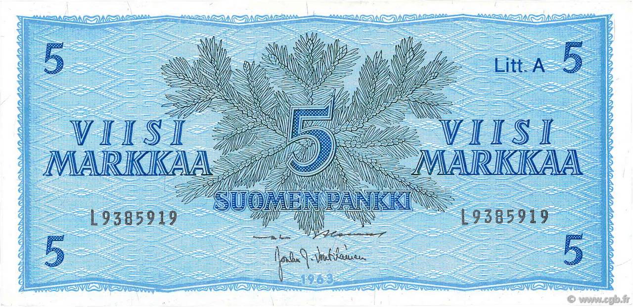 5 Markkaa FINLAND  1963 P.103a XF