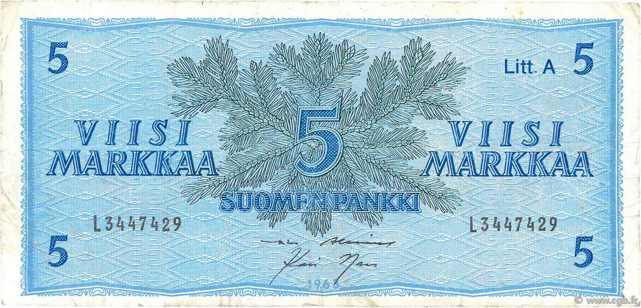 5 Markkaa FINNLAND  1963 P.103a fSS
