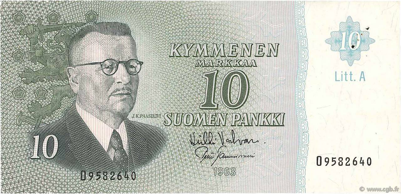 10 Markkaa FINLANDIA  1963 P.104a q.SPL