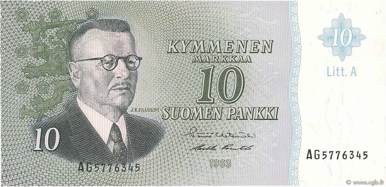 10 Markkaa FINLAND  1963 P.104a AU-