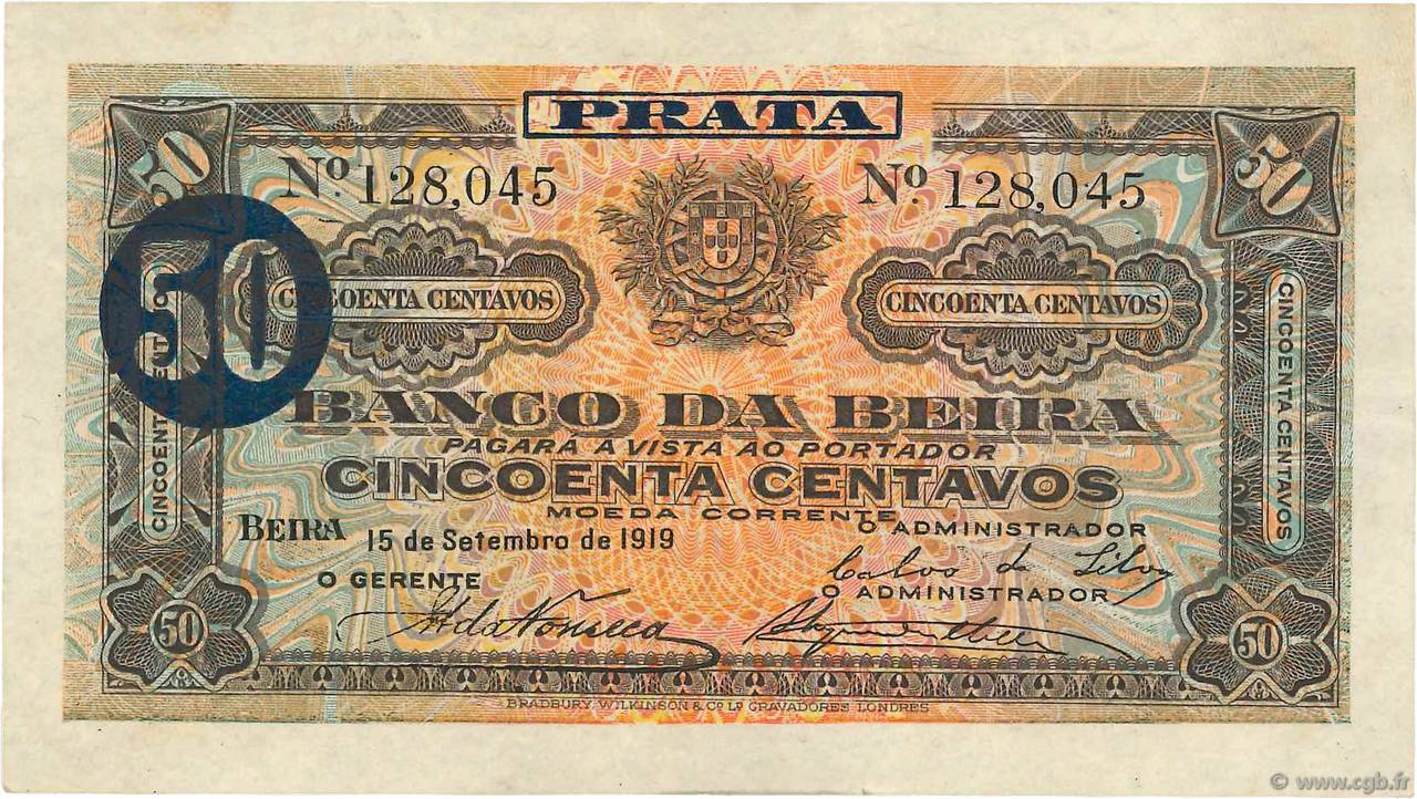 50 Centavos MOZAMBIK Beira 1919 P.R04a VZ