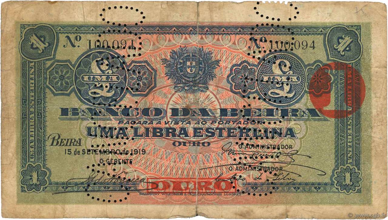 1 Libra Esterlinas MOZAMBIQUE Beira 1919 P.R07b G