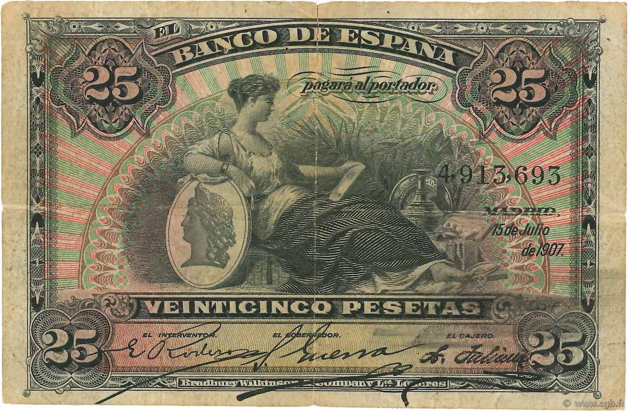 25 Pesetas SPANIEN  1907 P.062a fS