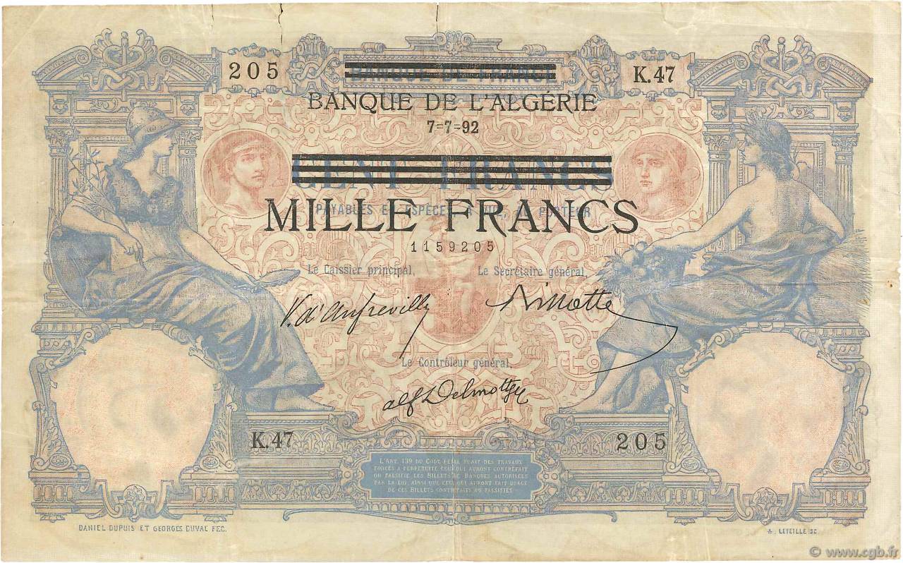 1000 Francs sur 100 Francs TUNISIA  1892 P.31 F-