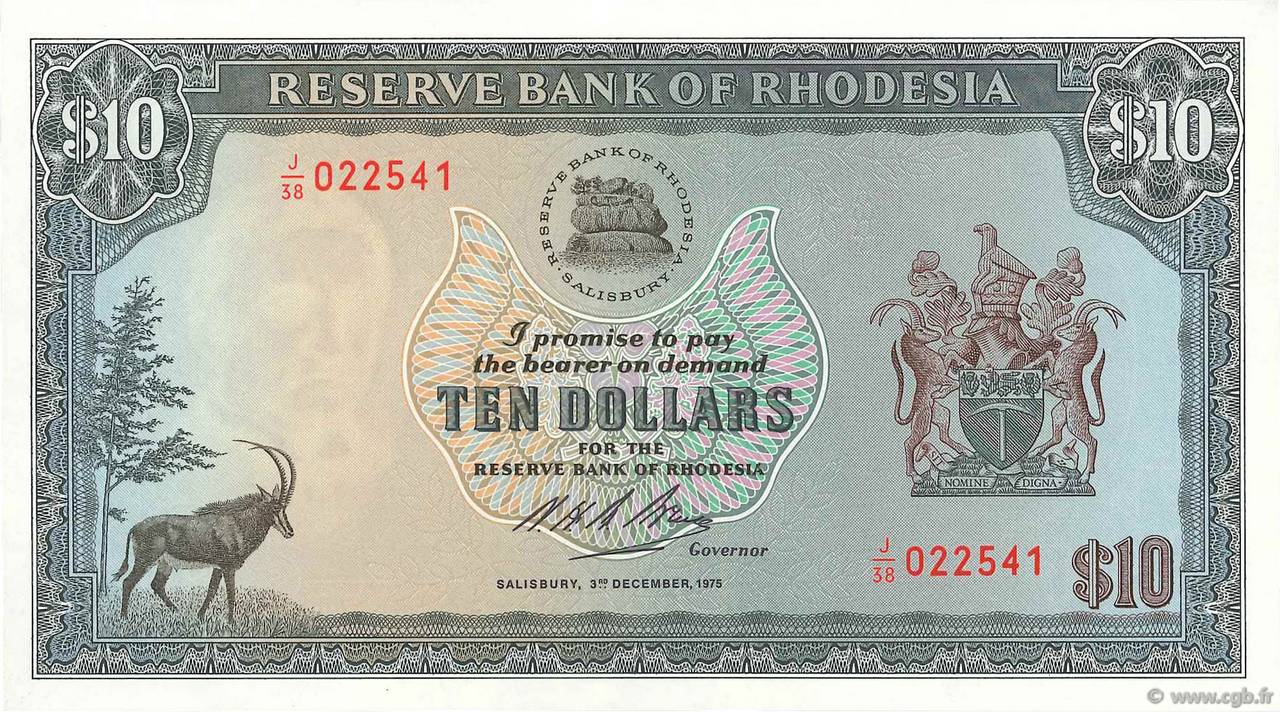 10 Dollars RODESIA  1975 P.33i SC+