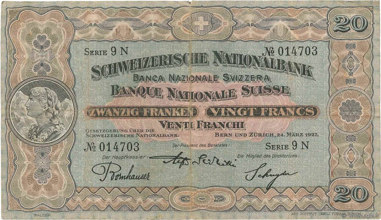 20 Francs SUISSE  1927 P.33d RC+