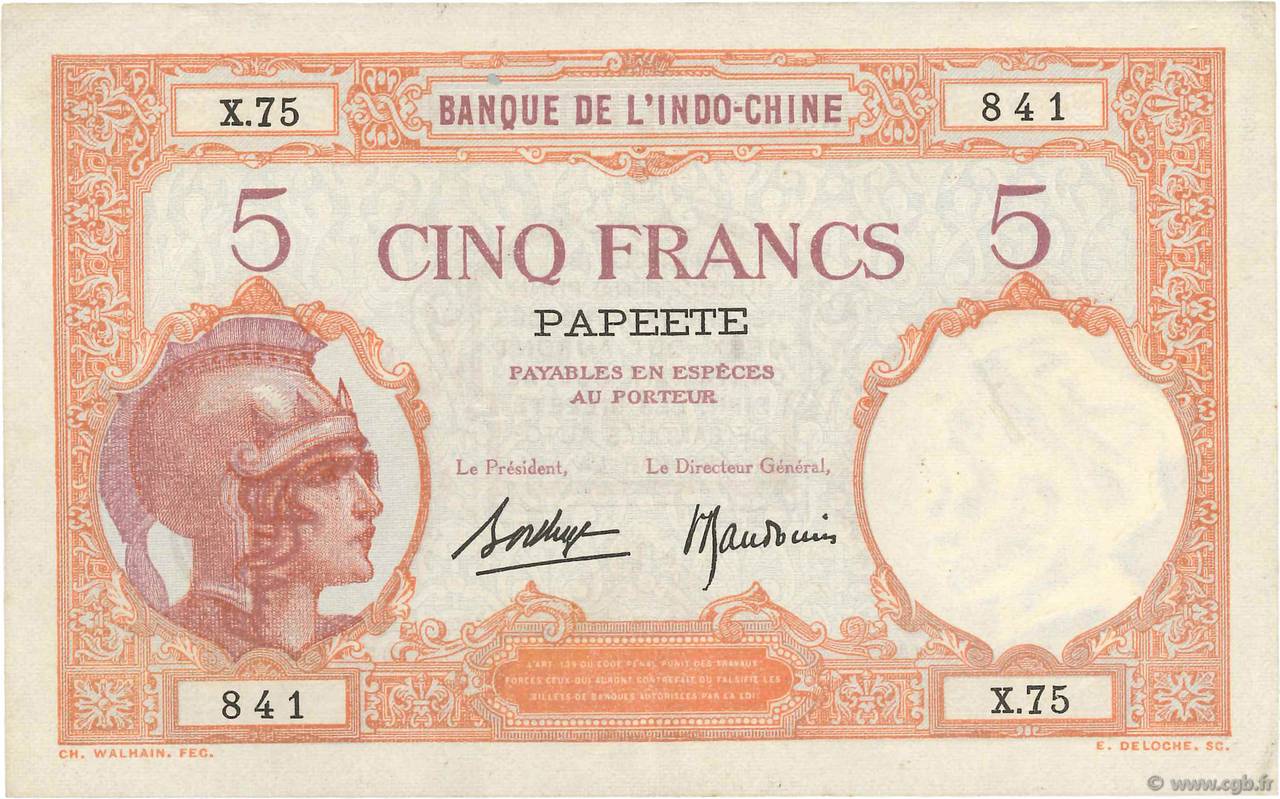 5 Francs TAHITI  1927 P.11c q.SPL