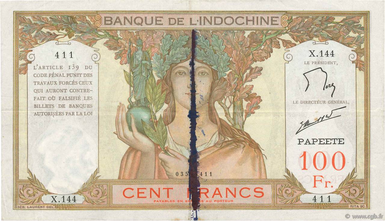 100 Francs TAHITI  1961 P.14d BC+