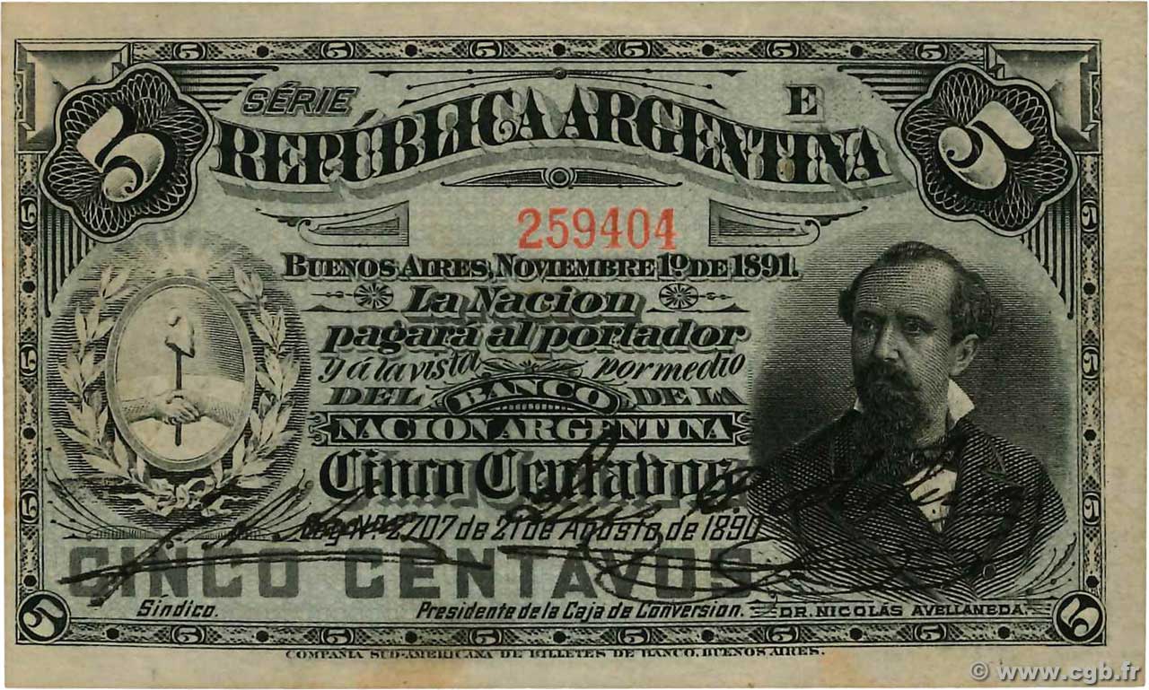 5 Centavos ARGENTINA  1891 P.209 XF+