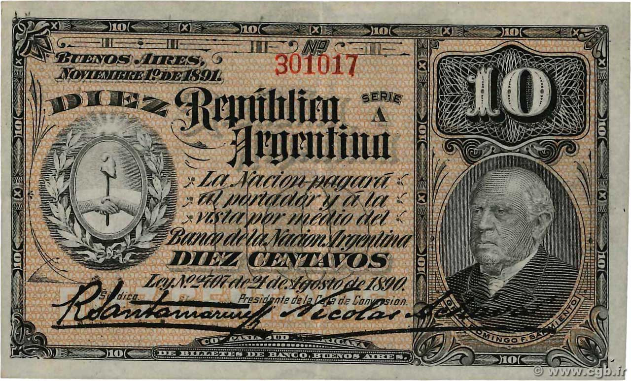 10 Centavos ARGENTINA  1891 P.210 XF