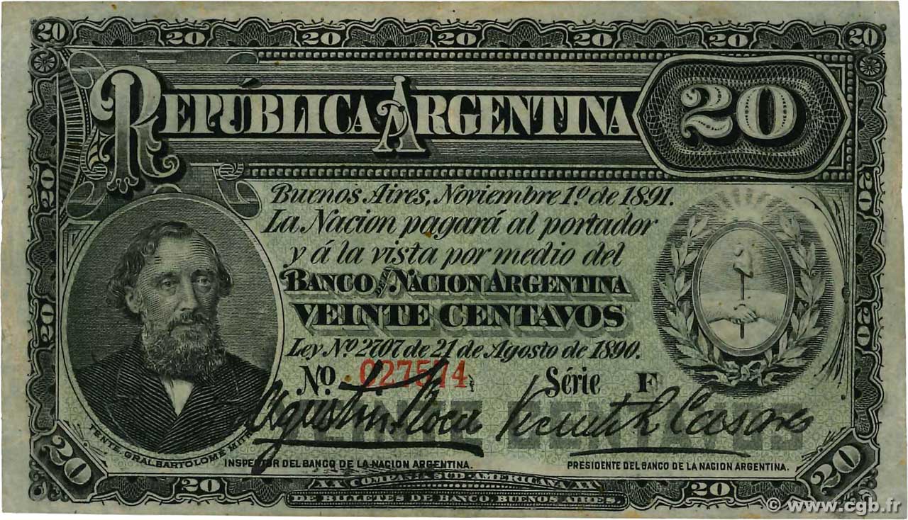 20 Centavos ARGENTINA  1891 P.211a BB