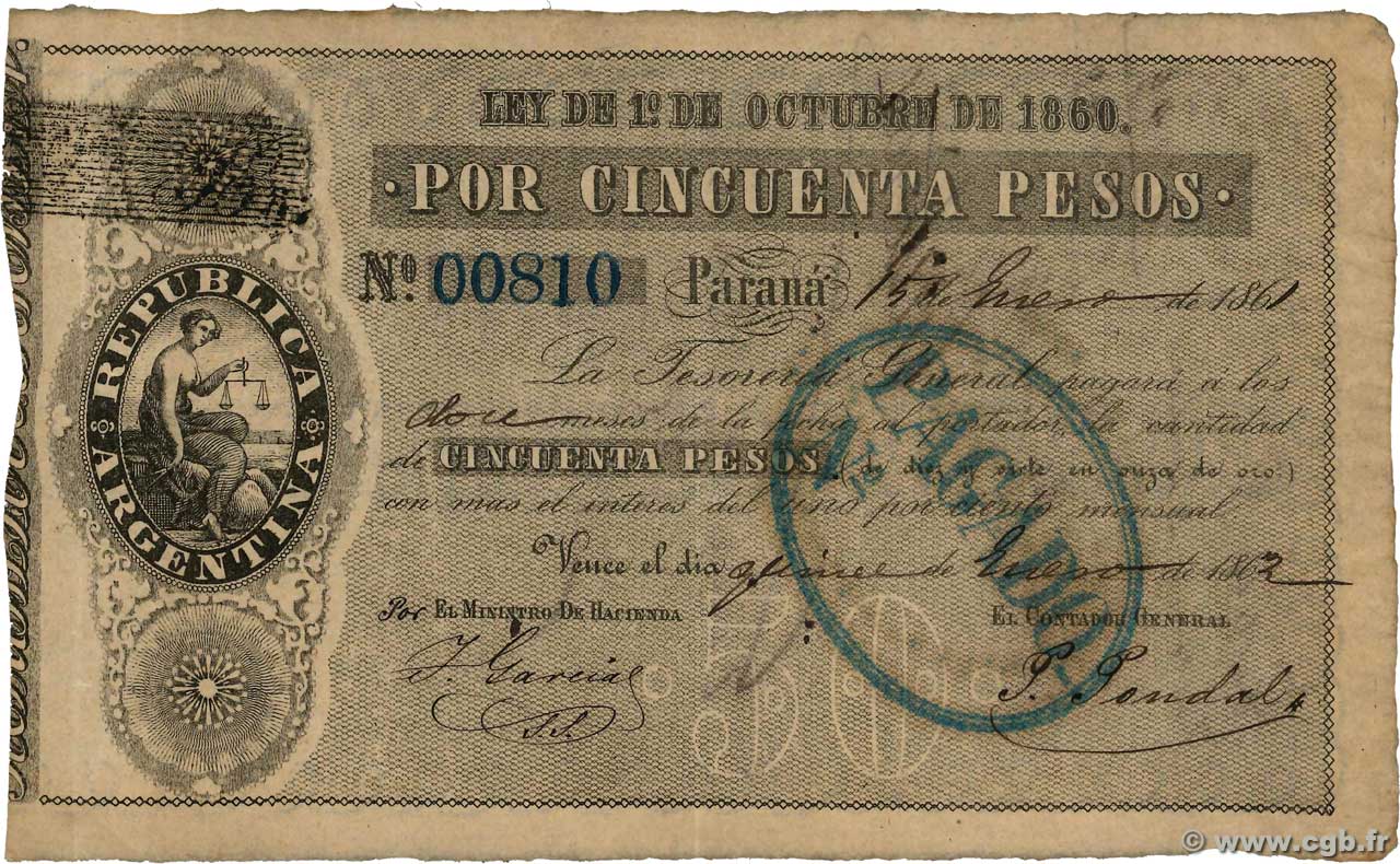 50 Pesos ARGENTINA  1861 PS.0222b VF
