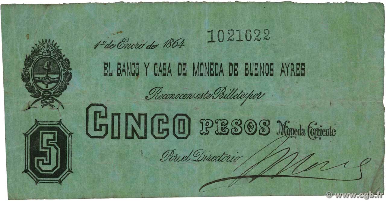 5 Pesos ARGENTINIEN  1864 PS.0442 fS