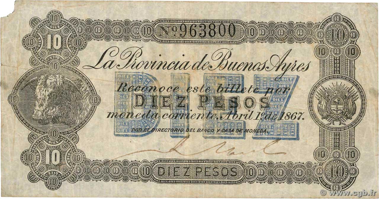 10 Pesos ARGENTINIEN  1867 PS.0473 SGE