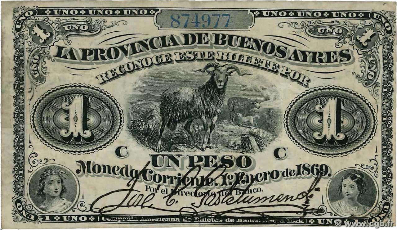 1 Peso ARGENTINA  1869 PS.0481b q.BB