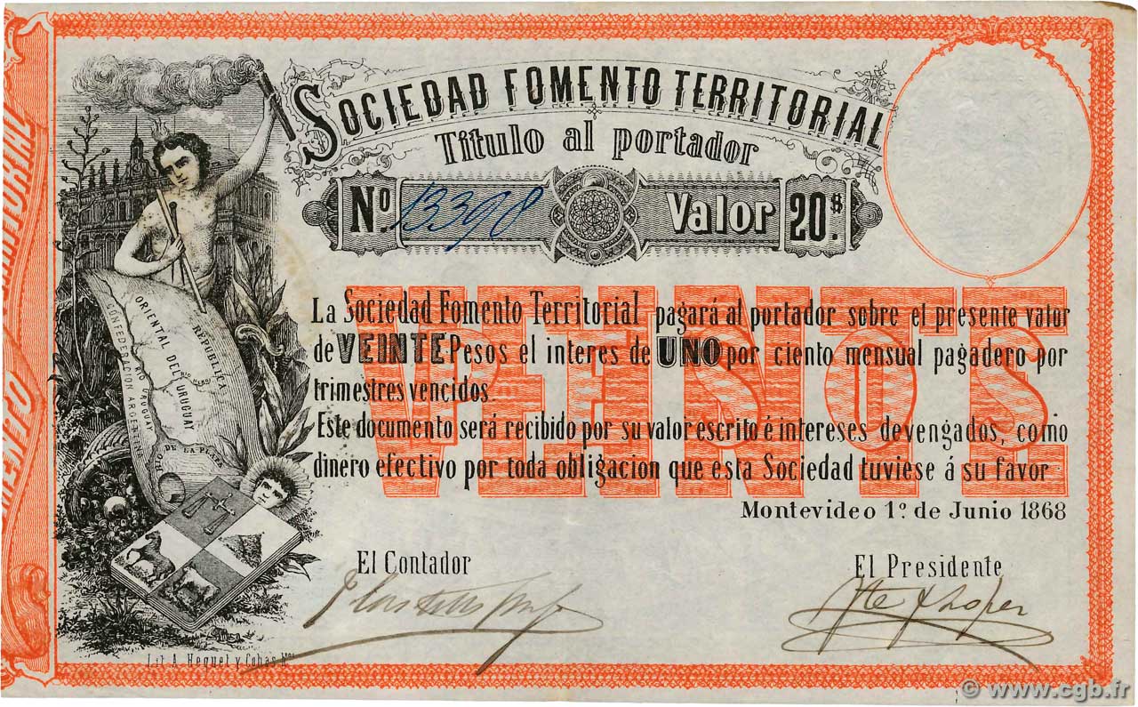 20 Pesos URUGUAY  1868 PS.482 AU-