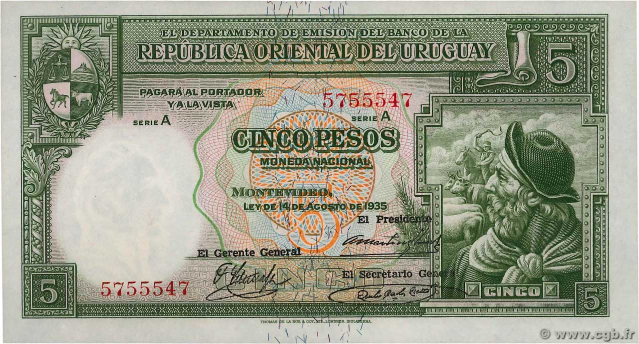 5 Pesos URUGUAY  1935 P.029b pr.SPL