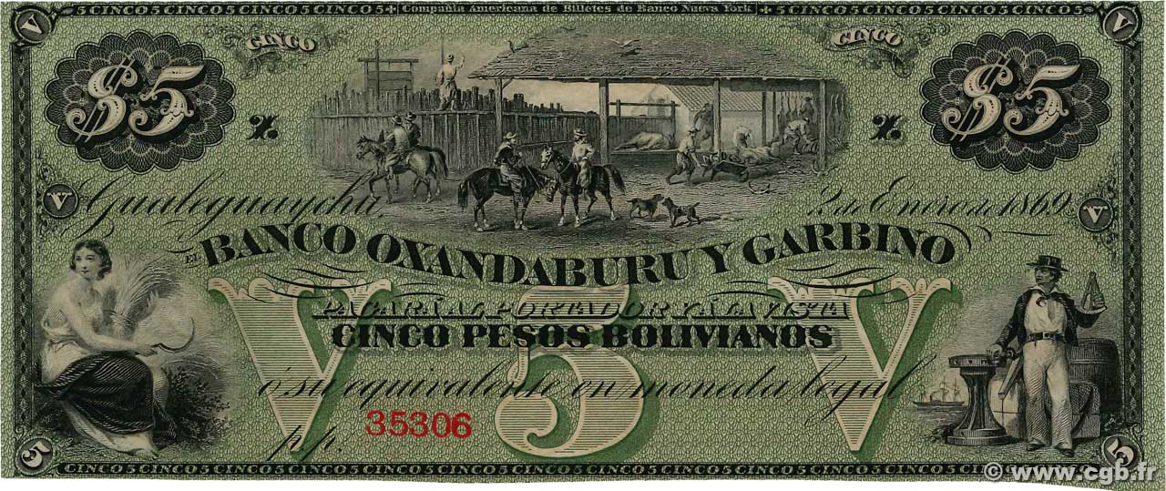 5 Pesos Bolivianos Non émis ARGENTINA  1869 PS.1783r UNC