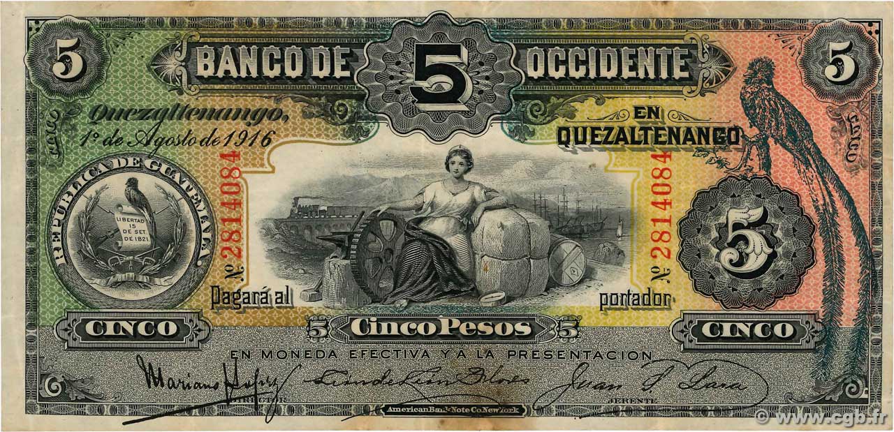5 Pesos GUATEMALA  1916 PS.176b VF-