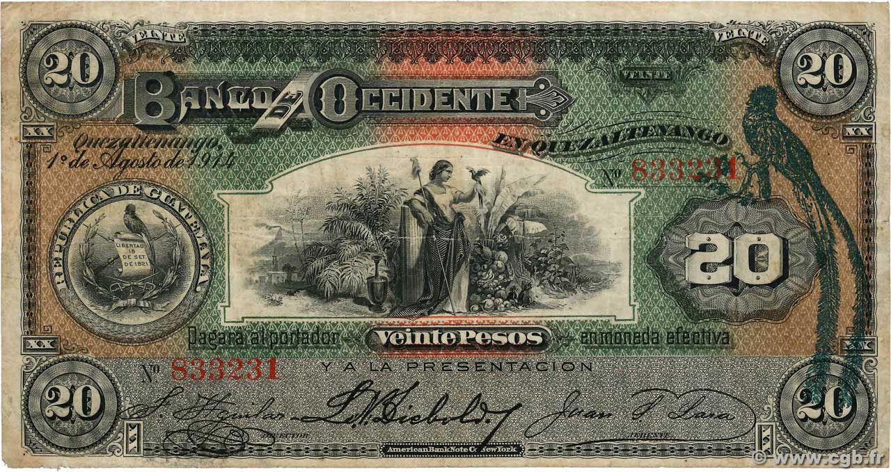 20 Pesos GUATEMALA  1914 PS.179 q.MB