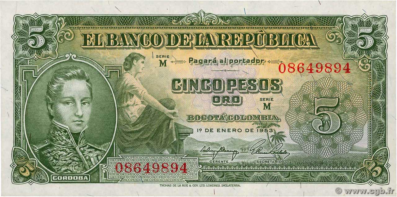 5 Pesos Oro COLOMBIA  1953 P.399a FDC