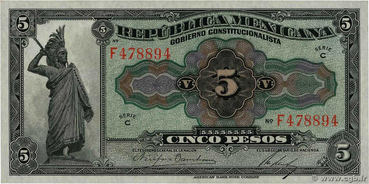 5 Pesos MEXICO  1915 PS.0685a VZ+
