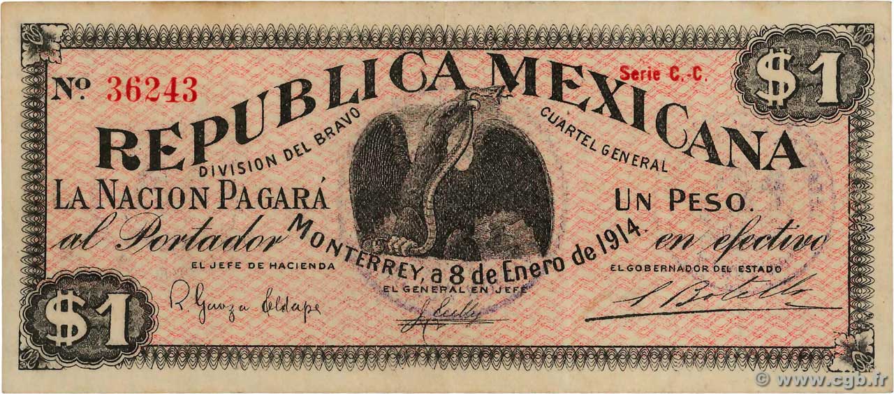 1 Peso MEXICO Monterrey 1914 PS.0937 VF