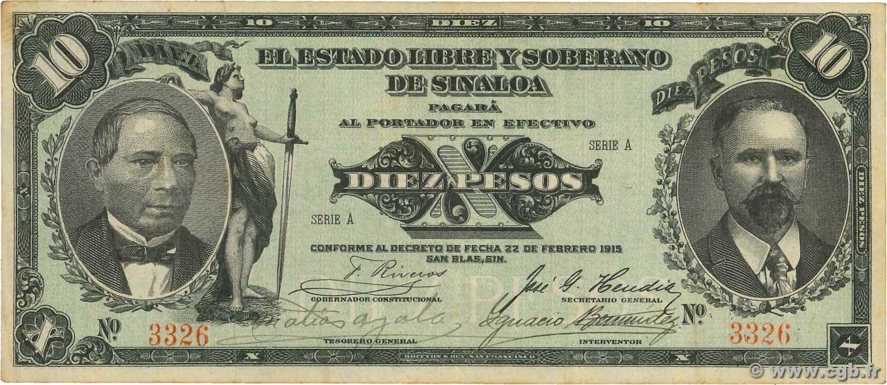 10 Pesos MEXICO San Blas 1915 PS.1045b VF-