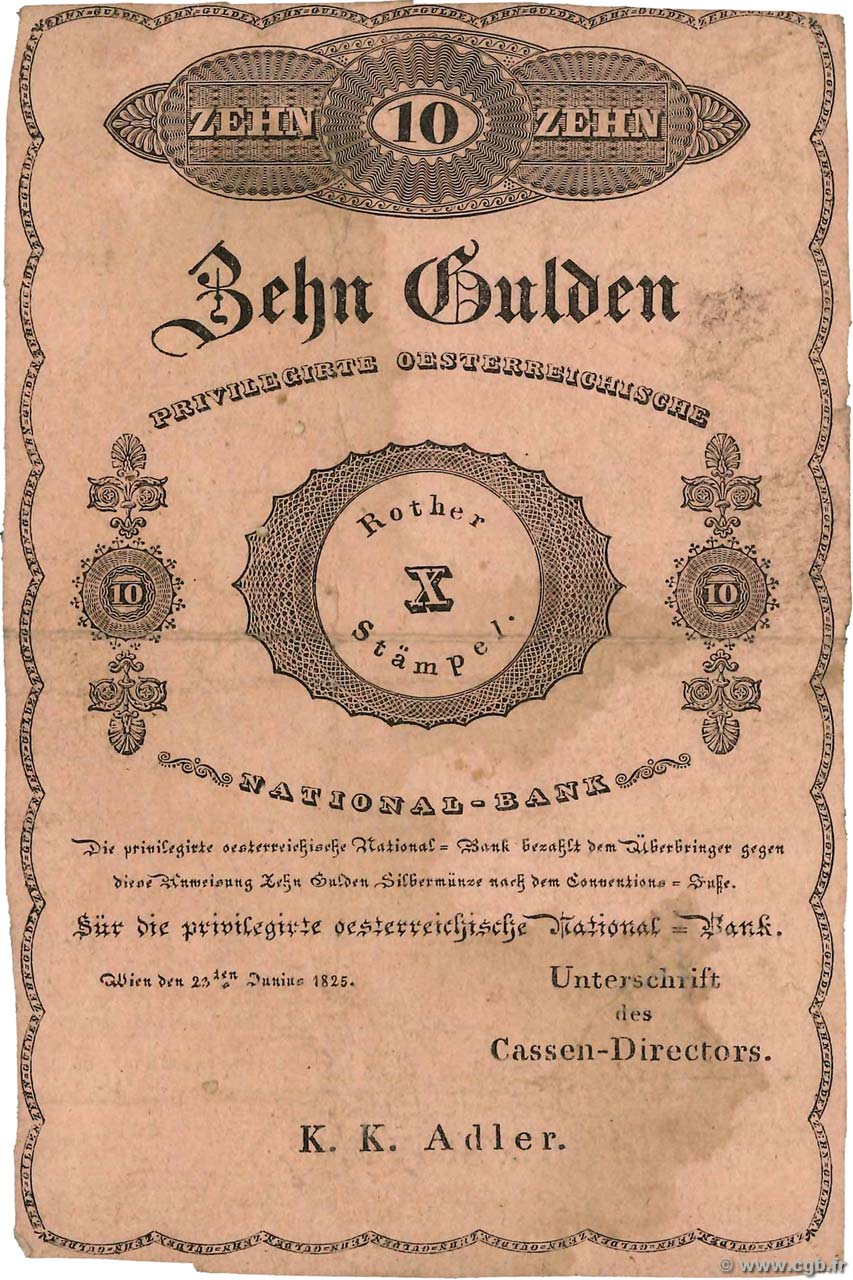 10 Gulden Non émis AUSTRIA  1825 P.A062b MBC