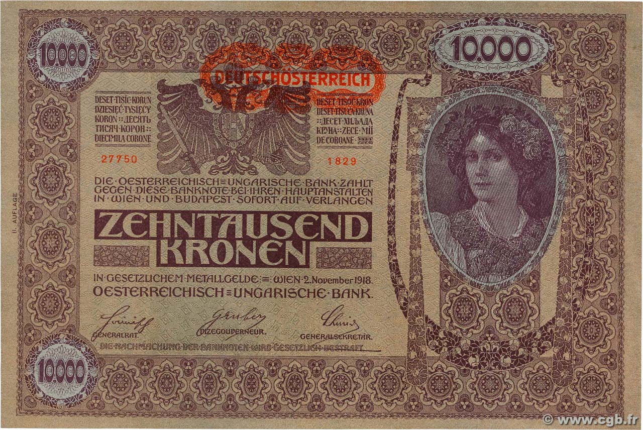 10000 Kronen ÖSTERREICH  1919 P.066 VZ