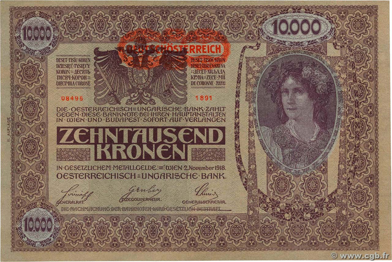 10000 Kronen AUSTRIA  1919 P.066 q.FDC