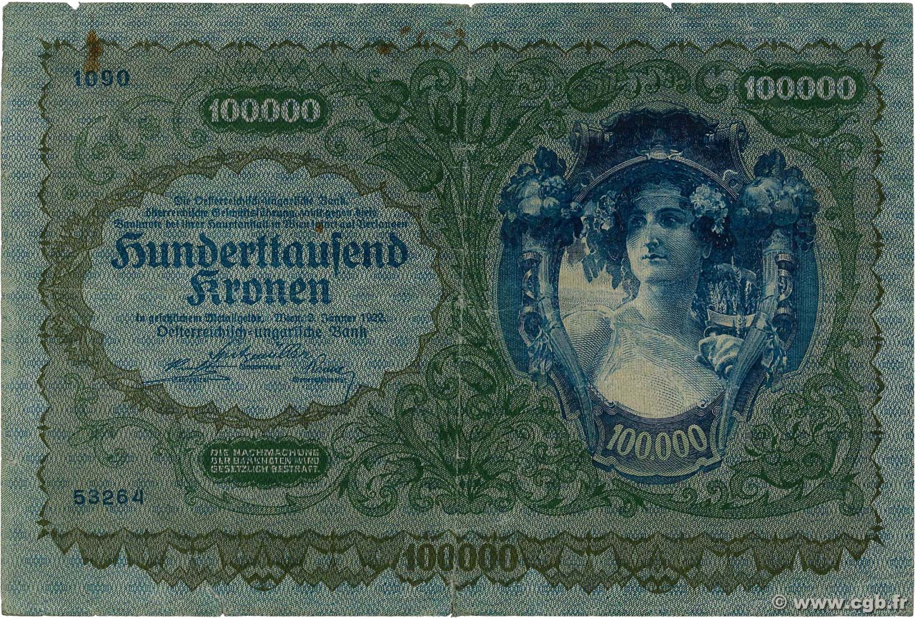 100000 Kronen AUSTRIA  1922 P.081 BC+