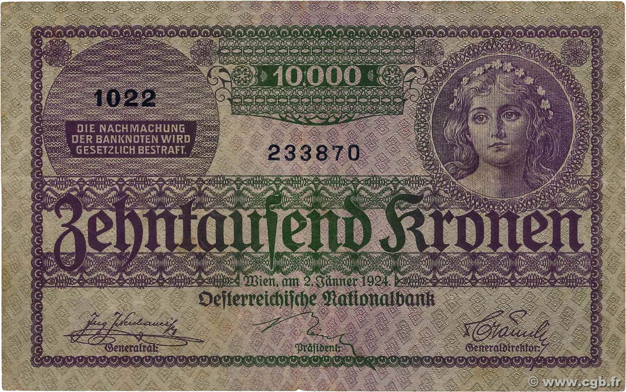 10000 Kronen AUTRICHE  1924 P.085 TTB