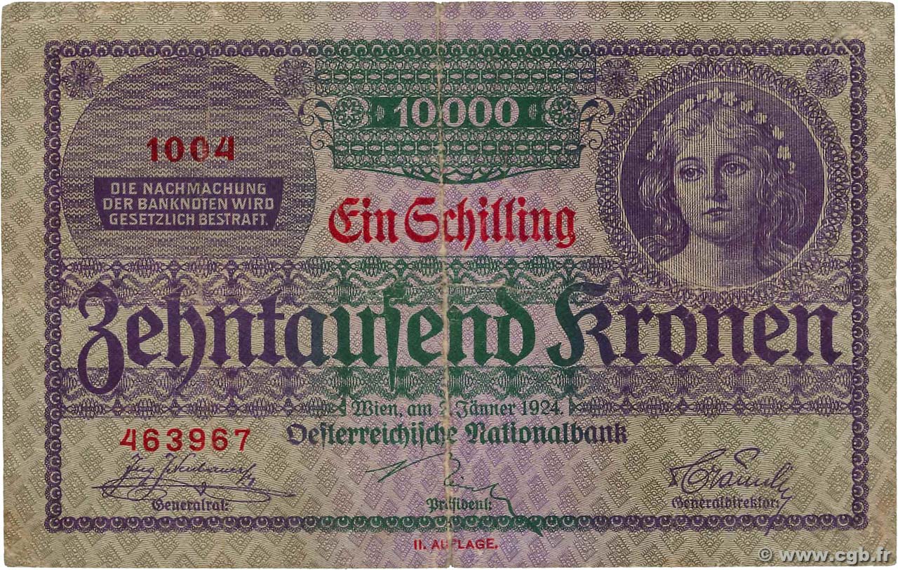 1 Schilling sur 10000 Kronen AUTRICHE  1924 P.087 TB
