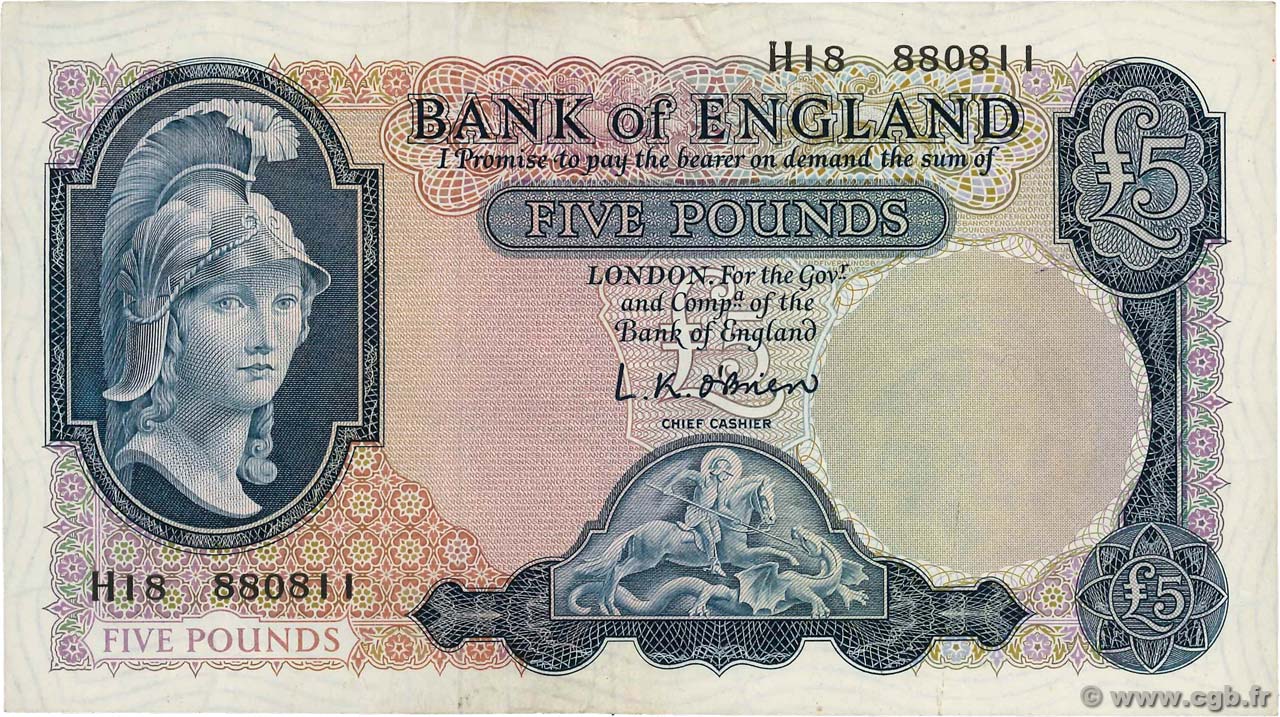 5 Pounds ENGLAND  1961 P.372a SS