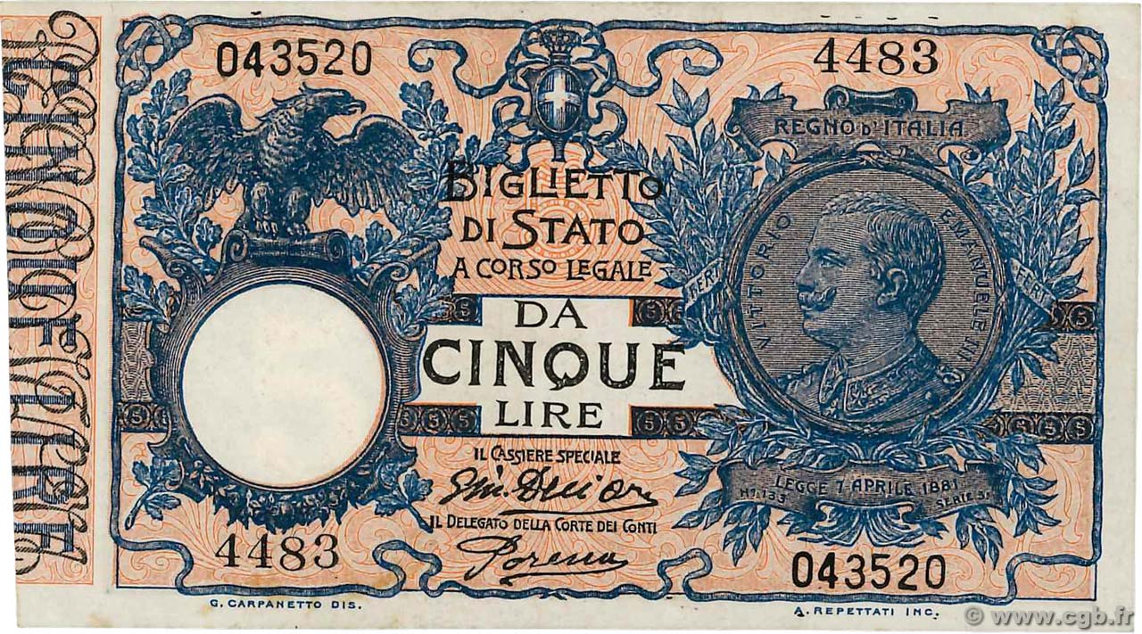 5 Lire ITALIEN  1917 P.023e VZ+
