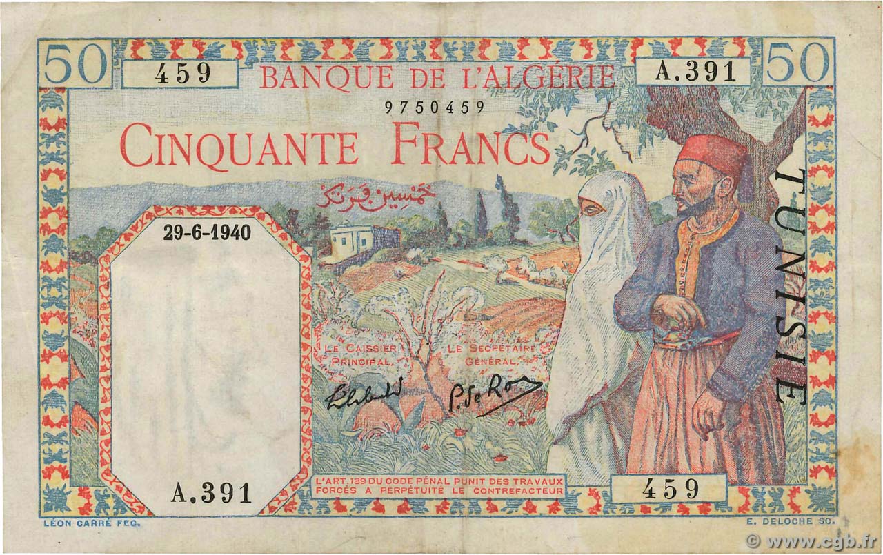 50 Francs TUNISIA  1940 P.12a q.BB