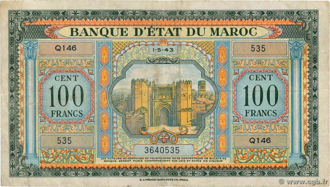 100 Francs MOROCCO  1943 P.27a VF