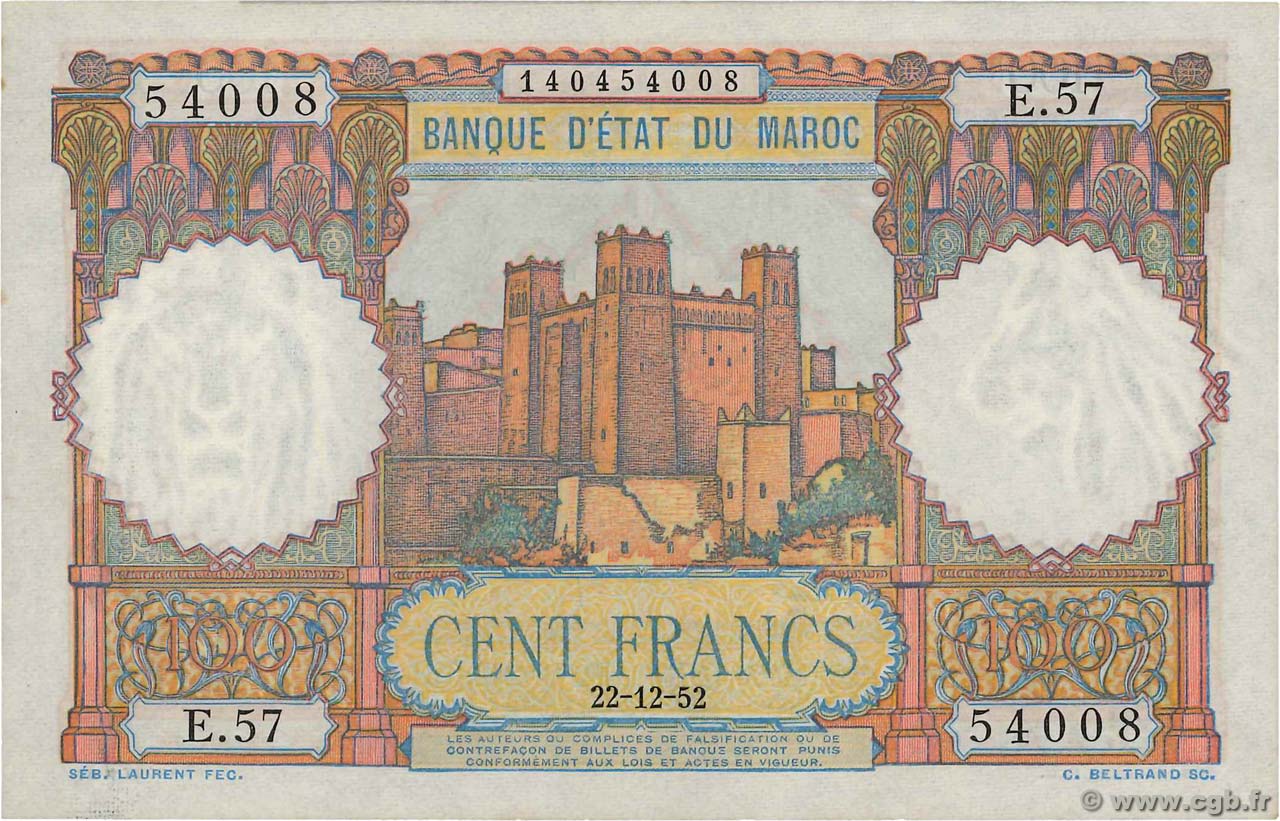 100 Francs MAROCCO  1952 P.45 q.FDC