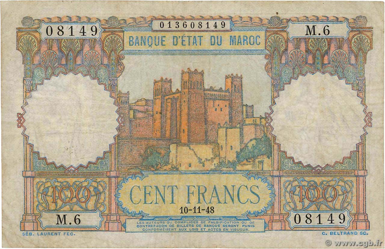 100 Francs MAROCCO  1948 P.45 q.BB