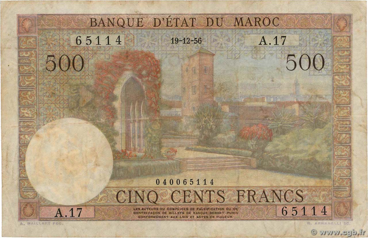 500 Francs MAROCCO  1956 P.46 q.BB