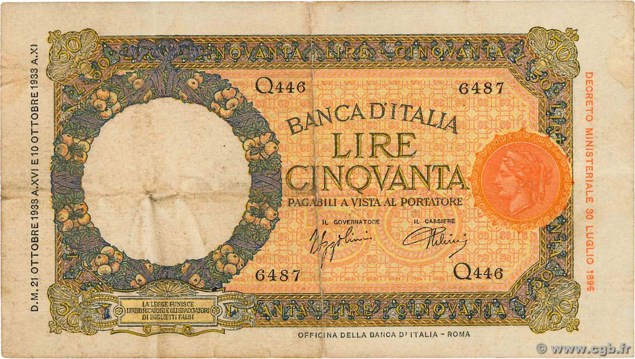 50 Lire ITALY  1938 P.054b F
