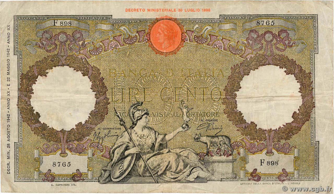 100 Lire ITALIA  1942 P.060 BC