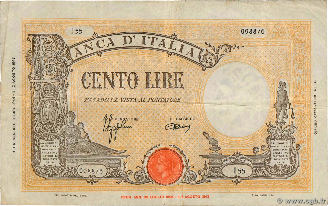 100 Lire ITALIA  1944 P.067a BC