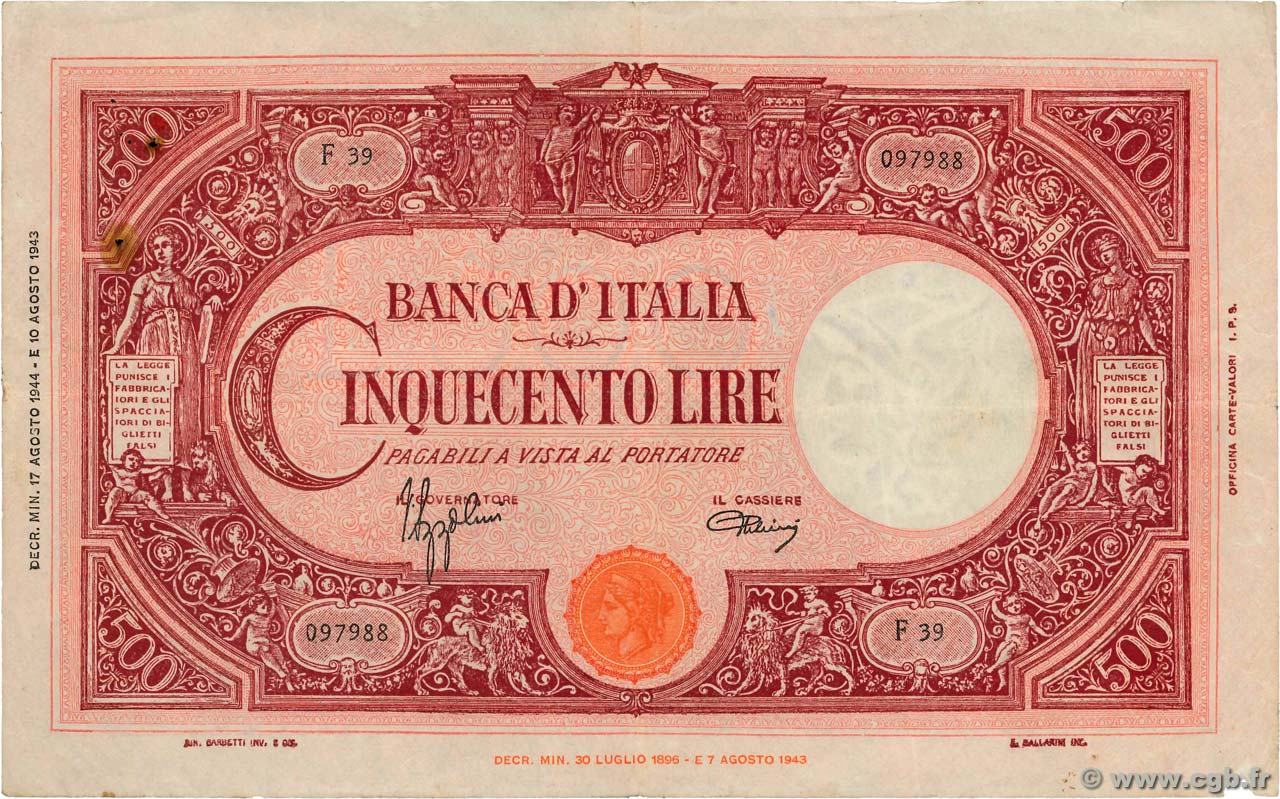 500 Lire ITALIEN  1944 P.070a S