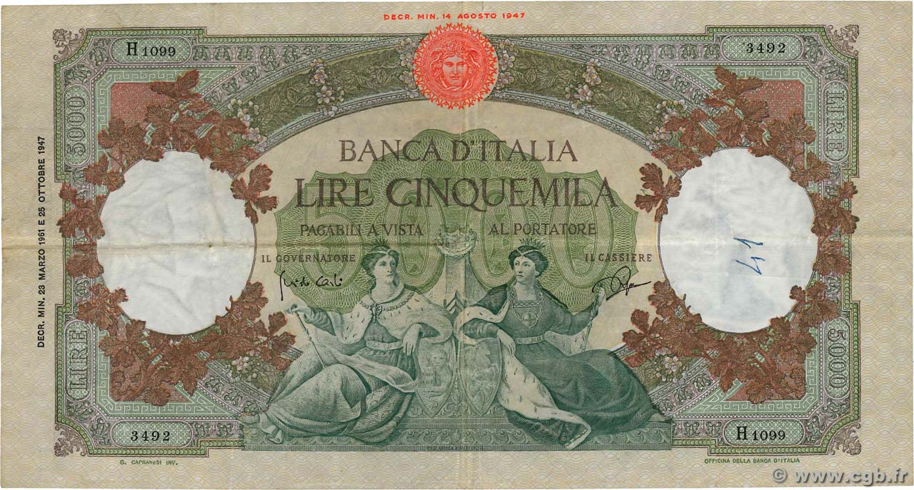 5000 Lire ITALIA  1961 P.085d q.BB